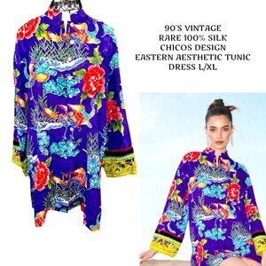 90'S VTG. RARE CHICOS DESIGN 100% SILK FAR EASTERN AESTHETIC TUNIC‎ DRESS L/XL
